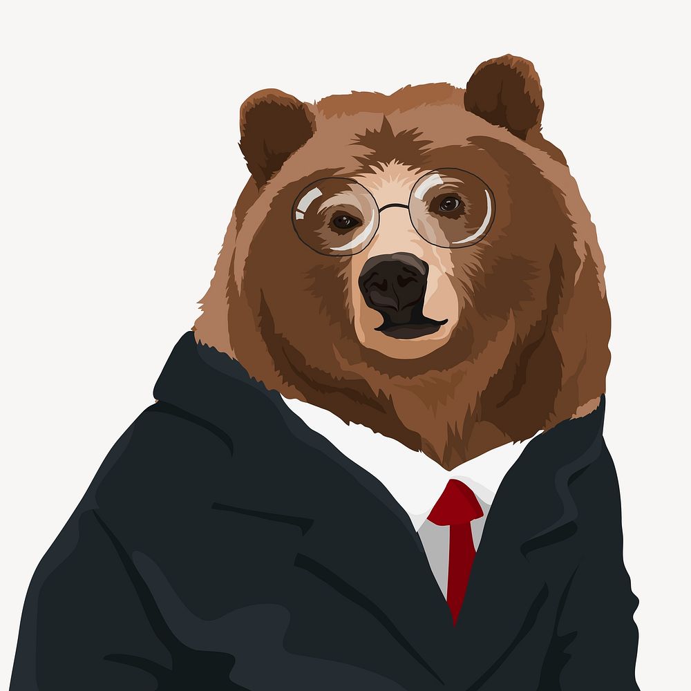 Smart bear businessman, bearish investor, finance clipart psd