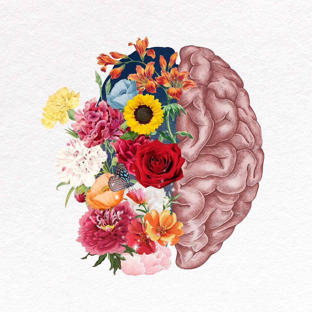 Beautiful mind collage element, floral brain psd