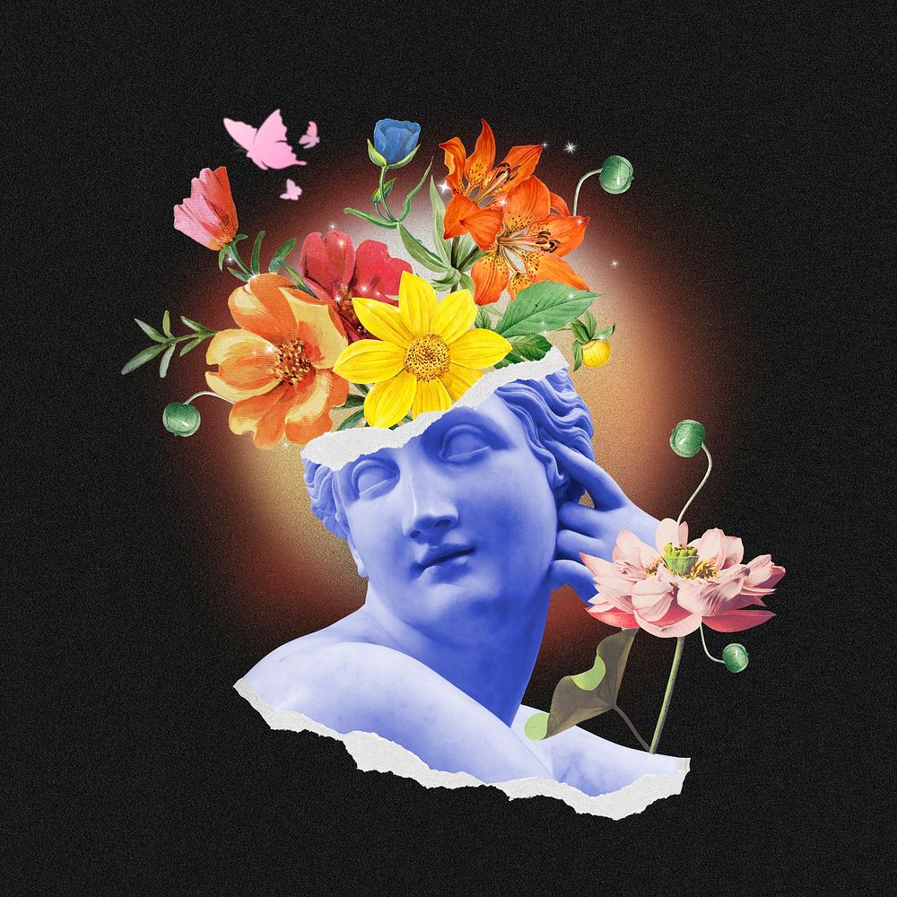 Flower head statue collage element, mixed media psd