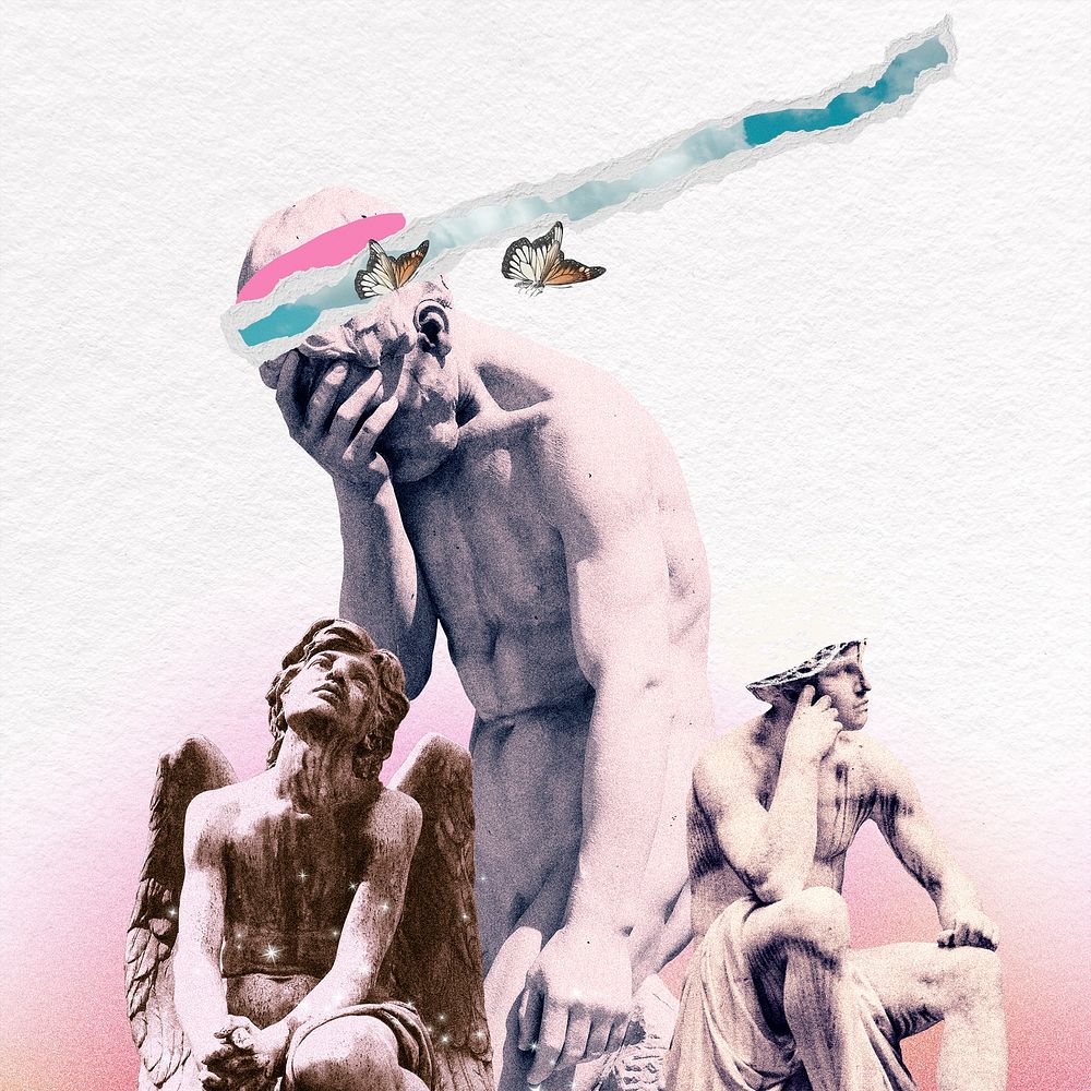 Mental health collage element, crying statue psd