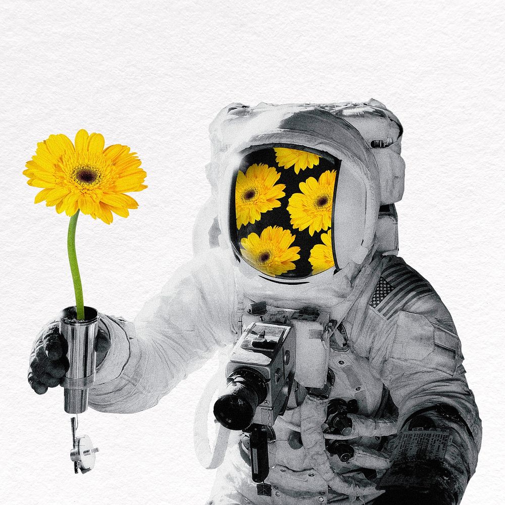 Astronaut collage element, sunflower mixed media psd