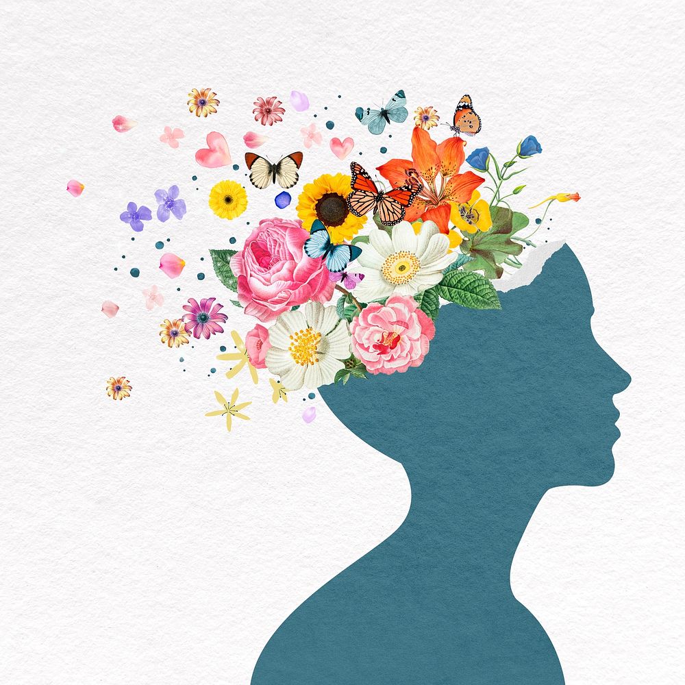 Flower head collage element, blue silhouette person psd