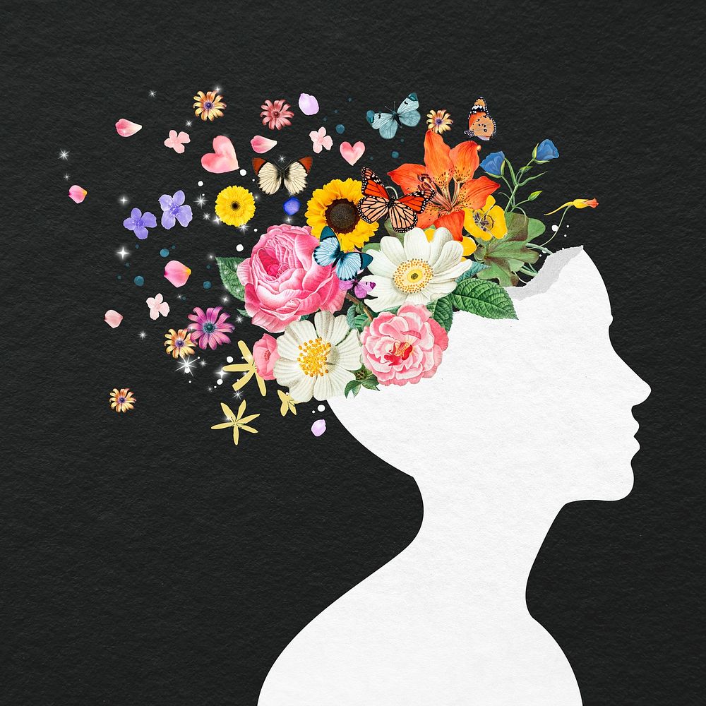 Flower head collage element, white silhouette person psd