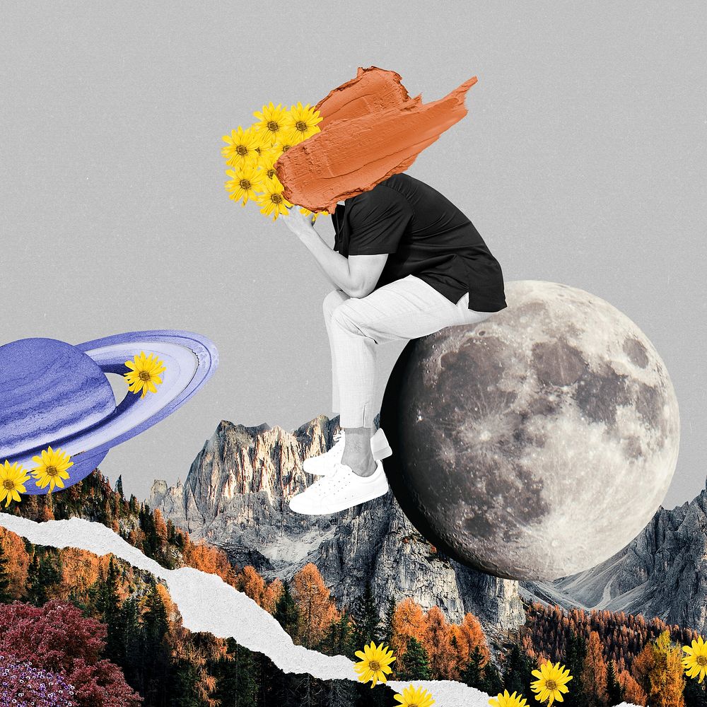 Surreal aesthetic collage element, lonely man on moon mixed media illustration psd
