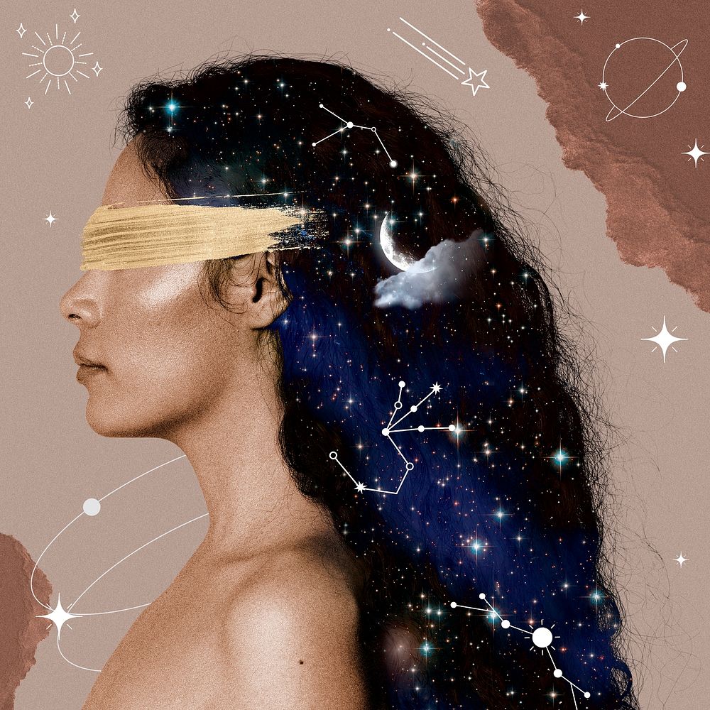 Woman side portrait collage element, blindfolded celestial mixed media illustration psd