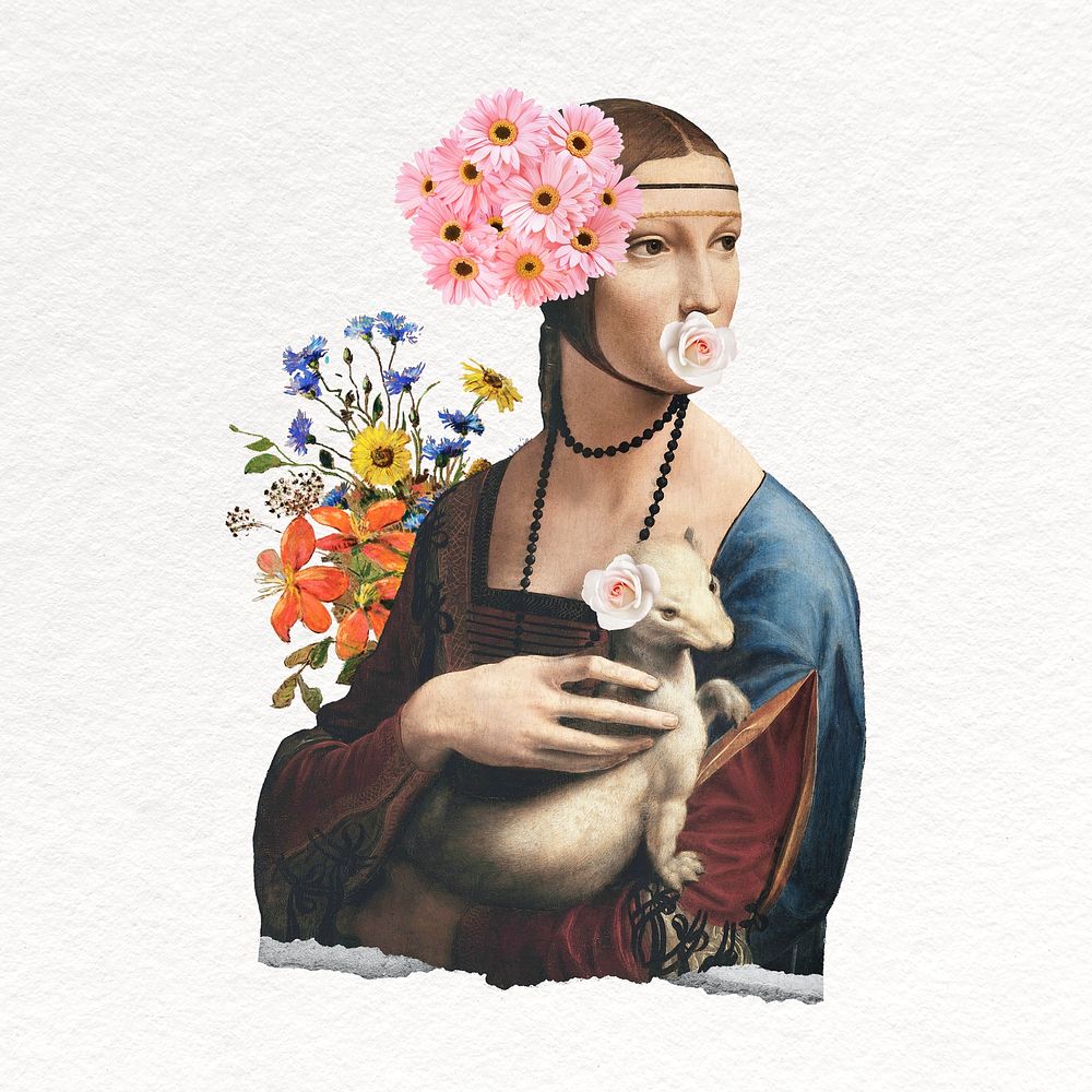 Lady with an Ermine collage element, Da Vinci's artwork remixed by rawpixel psd