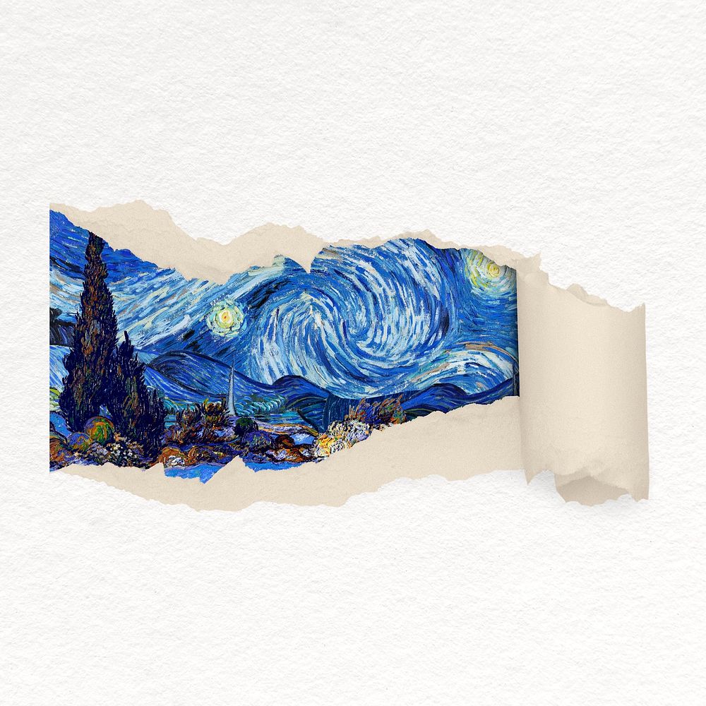 Starry Night torn paper collage element, Van Gogh's artwork remixed by rawpixel psd