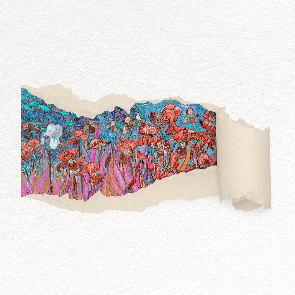 Flower illustration ripped paper, Van Gogh's artwork remixed by rawpixel