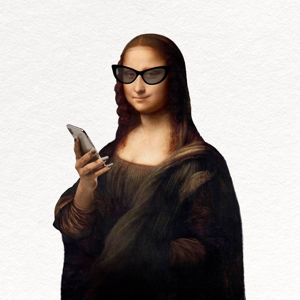 Modern Mona Lisa using phone, Da Vinci's artwork remixed by rawpixel