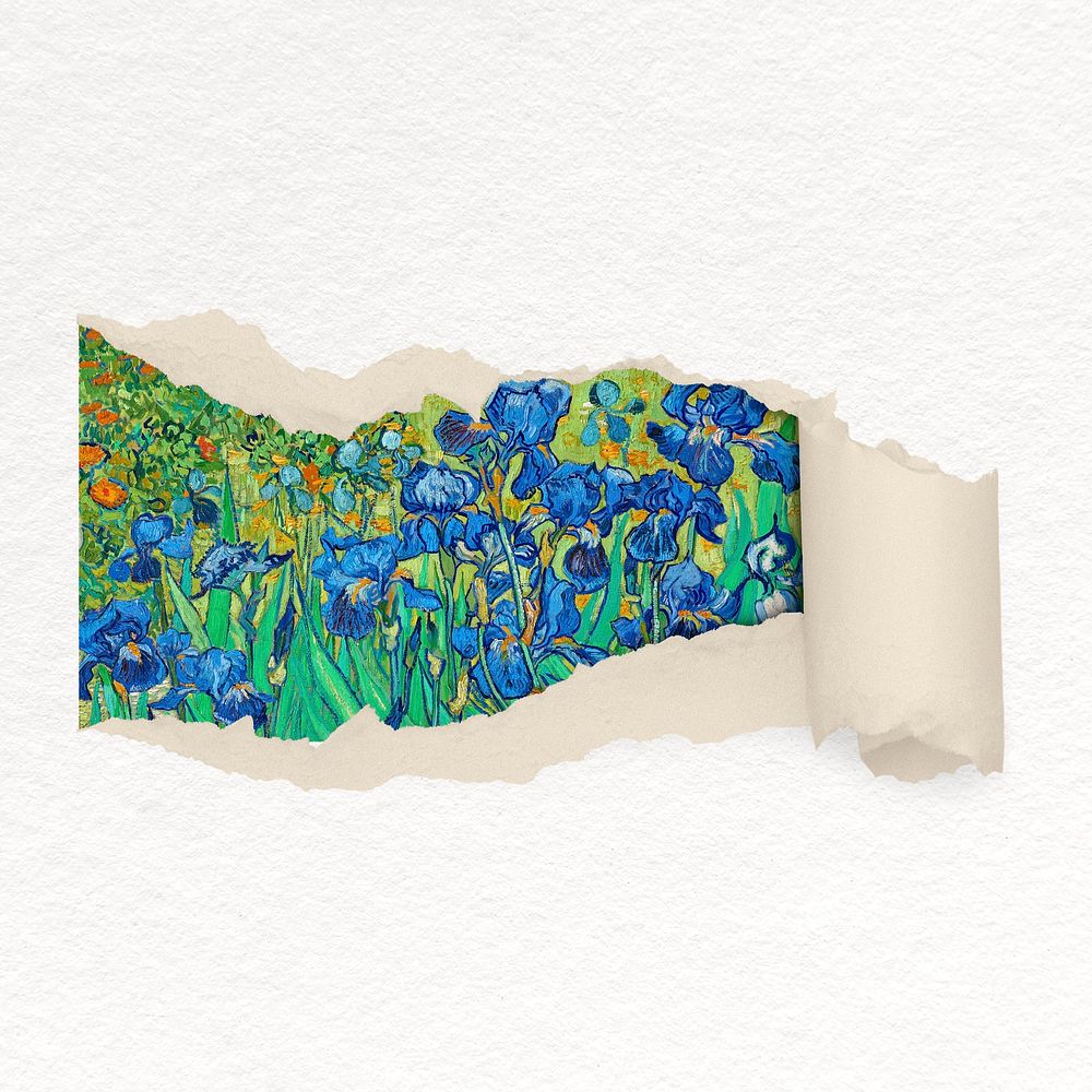 Flower illustration ripped paper collage element, Van Gogh's artwork remixed by rawpixel psd