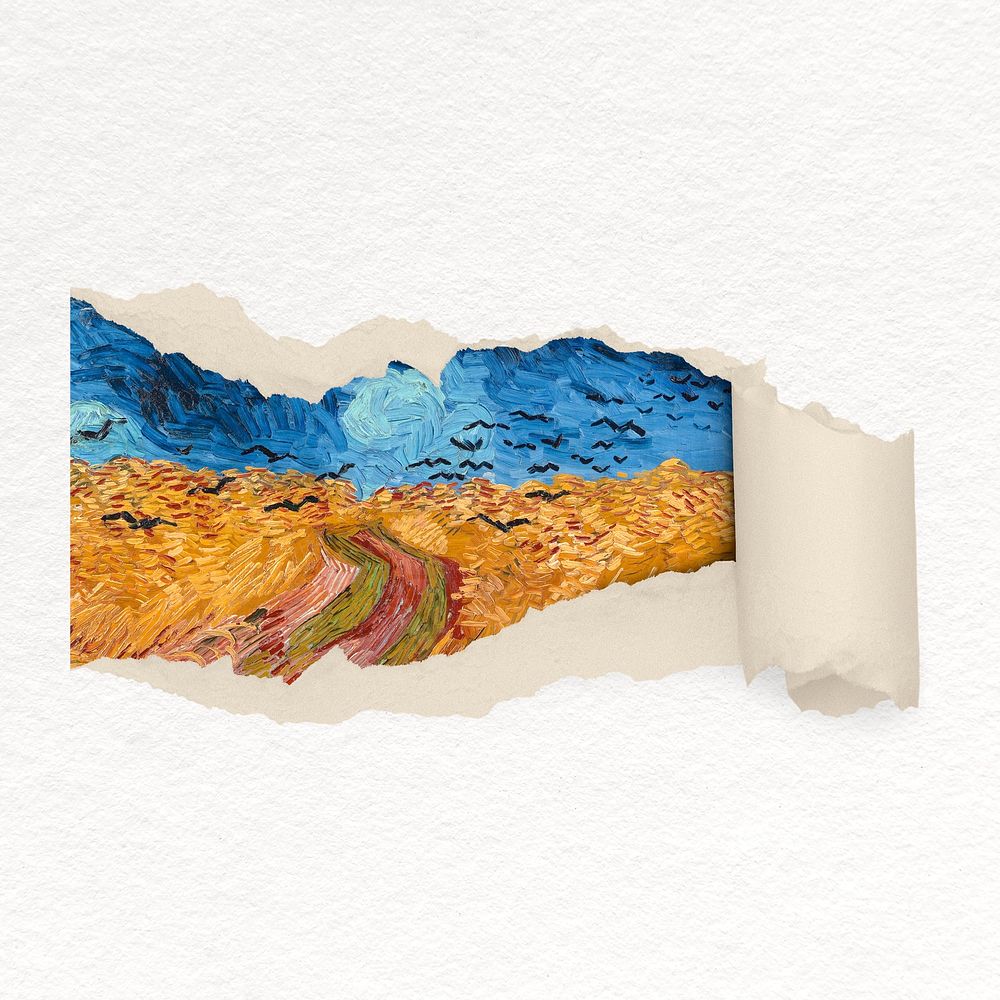 Van Gogh's Wheatfield with Crows, ripped paper collage element remixed by rawpixel psd