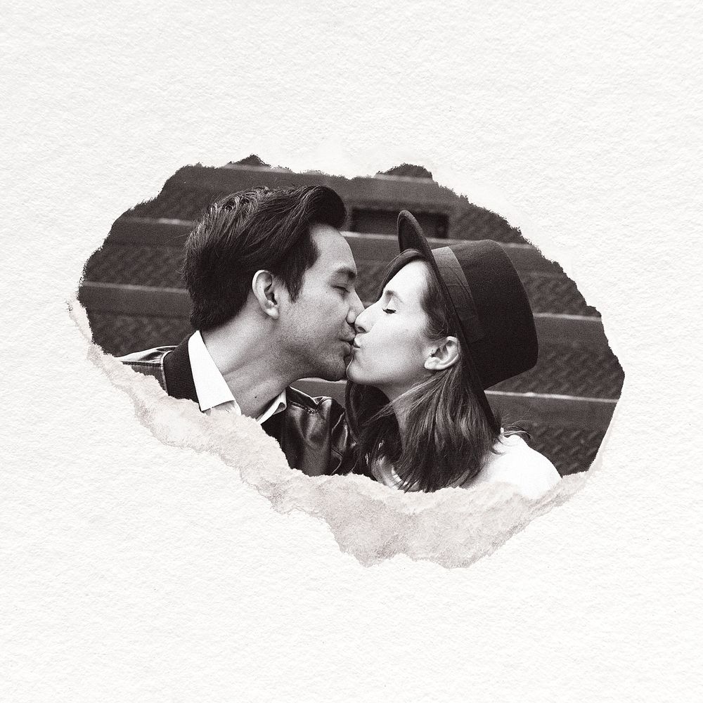 Couple kissing collage element, gray design vector