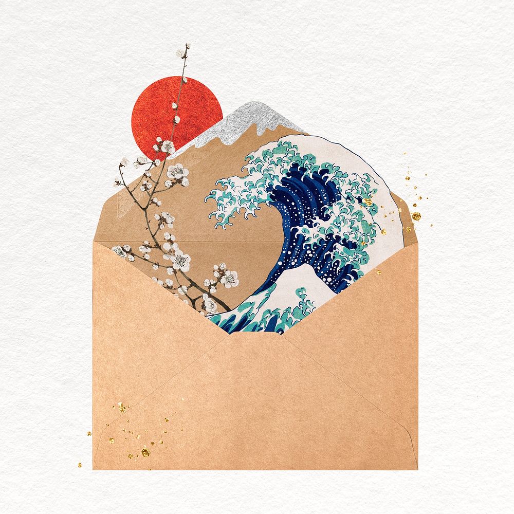 Collage envelope collage element, Hokusai's Great Wave off Kanagawa  remixed by rawpixel psd