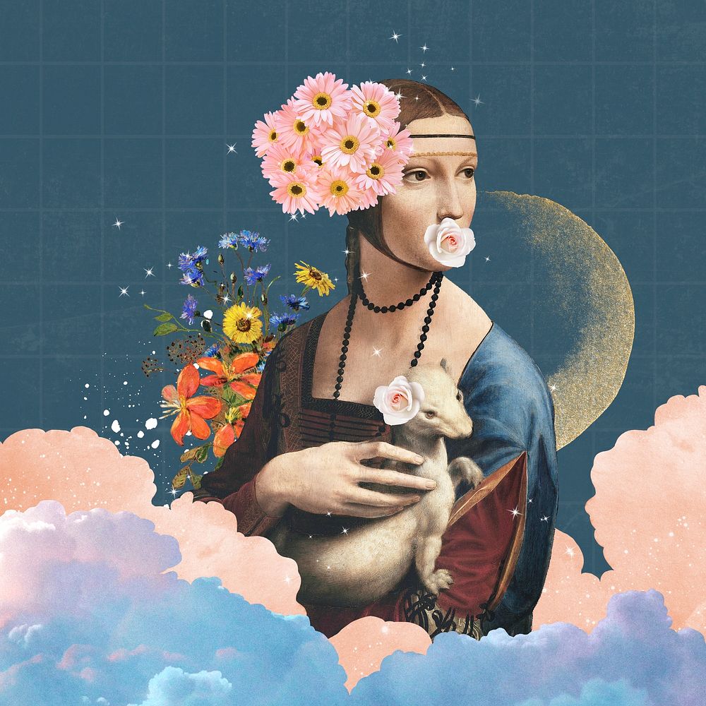 Lady with an Ermine collage art, Da Vinci's illustration remixed by rawpixel psd