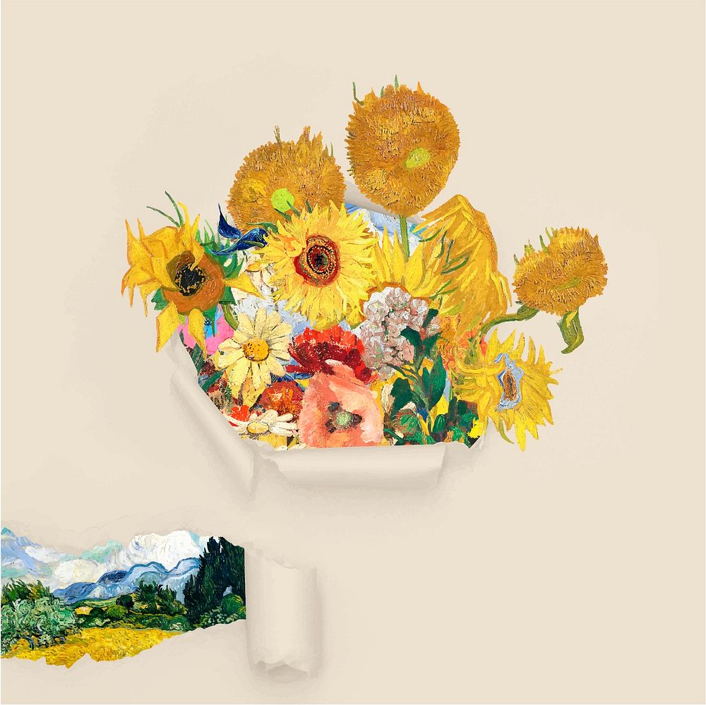 Sunflower torn paper mixed media, Van Gogh's artwork remixed by rawpixel vector