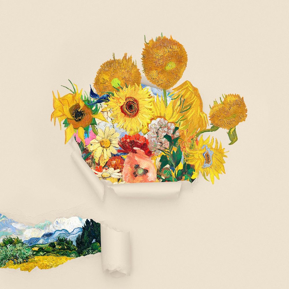 Sunflower torn paper mixed media, Van Gogh's artwork remixed by rawpixel