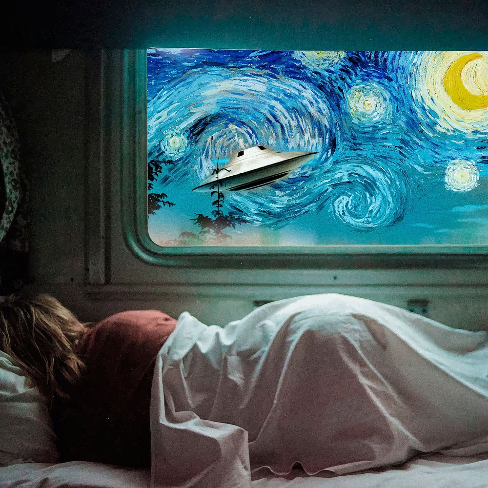 Starry Night, woman sleeping  mixed media, remixed by rawpixel vector