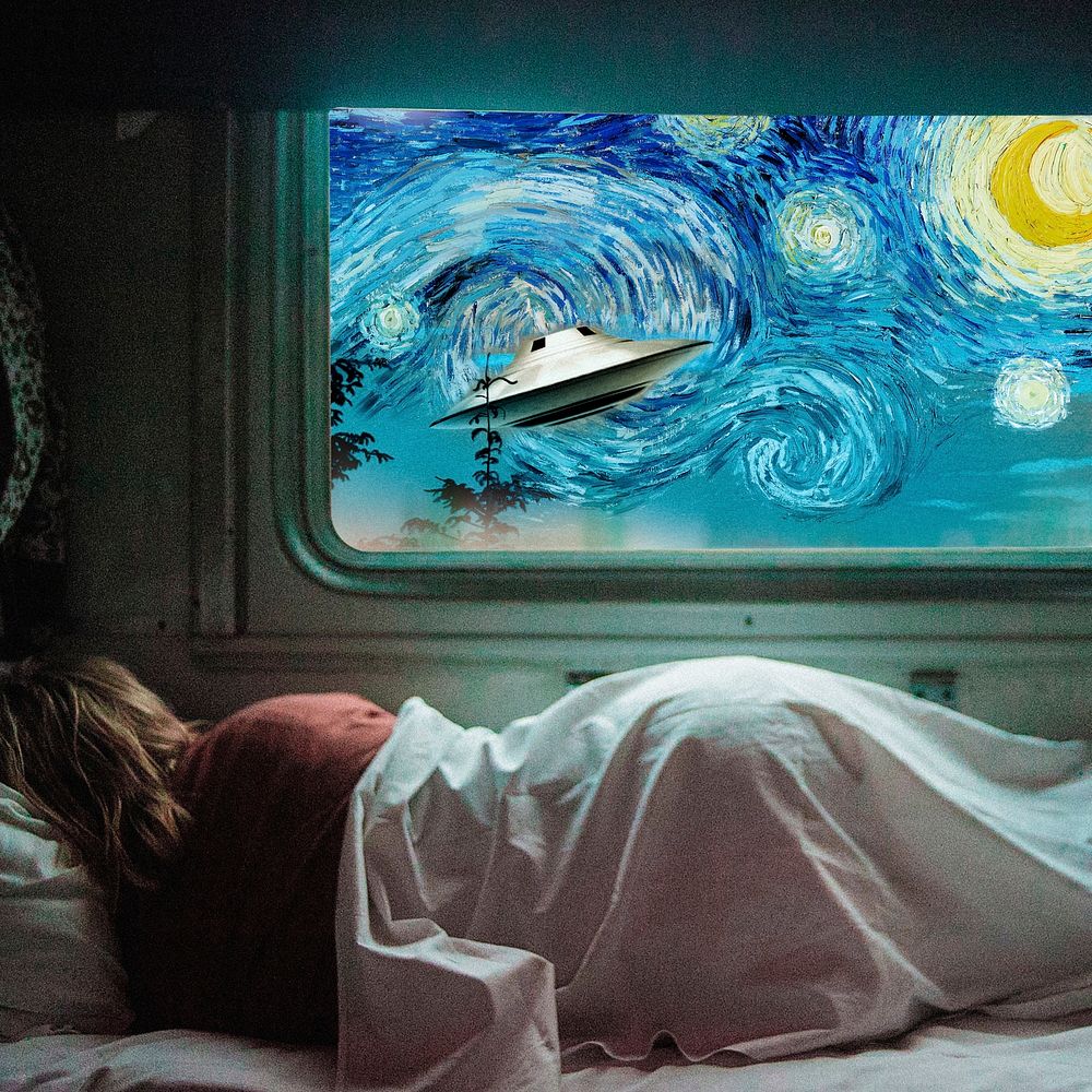 Starry Night, woman sleeping  mixed media, remixed by rawpixel