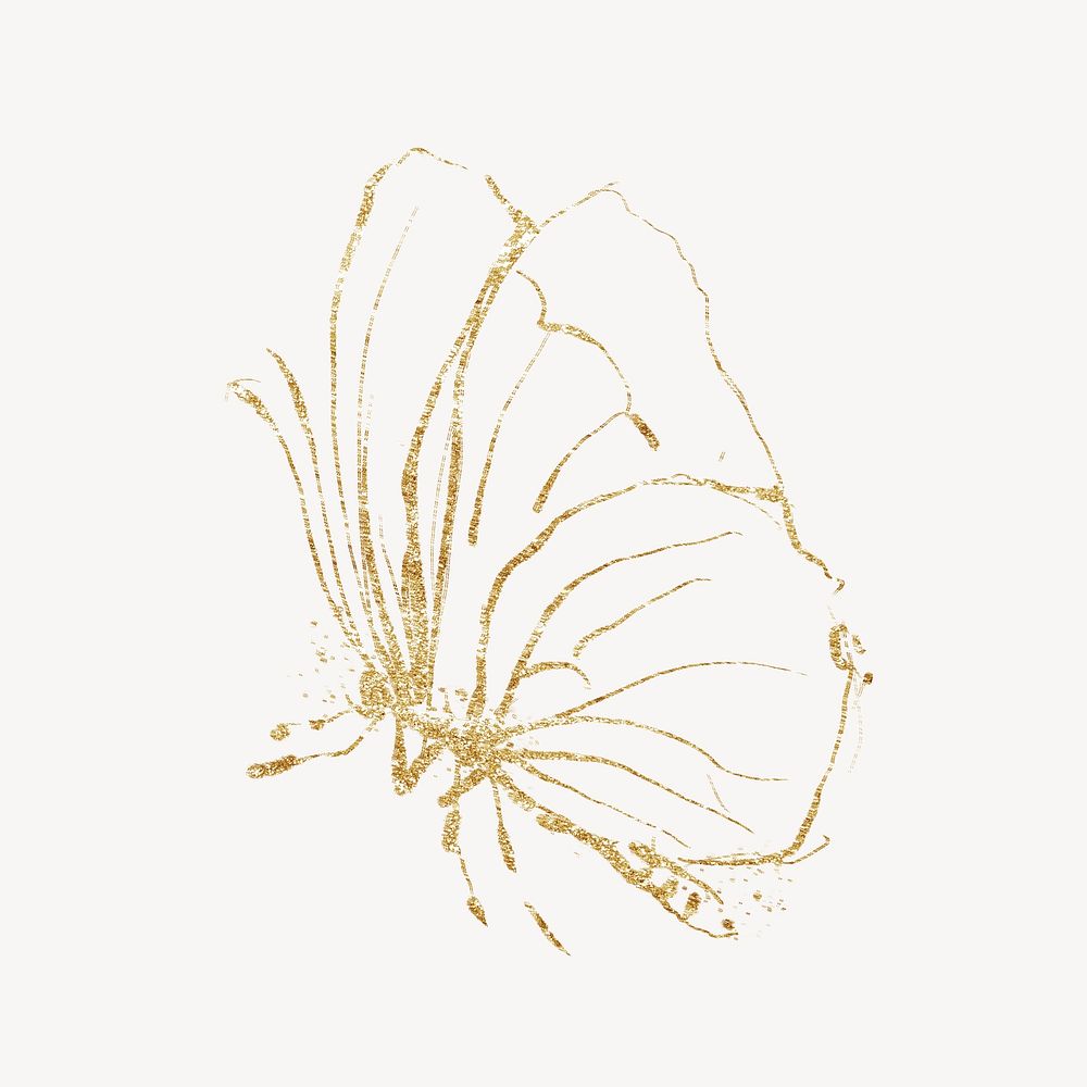 Gold glitter butterfly collage element, line art design psd