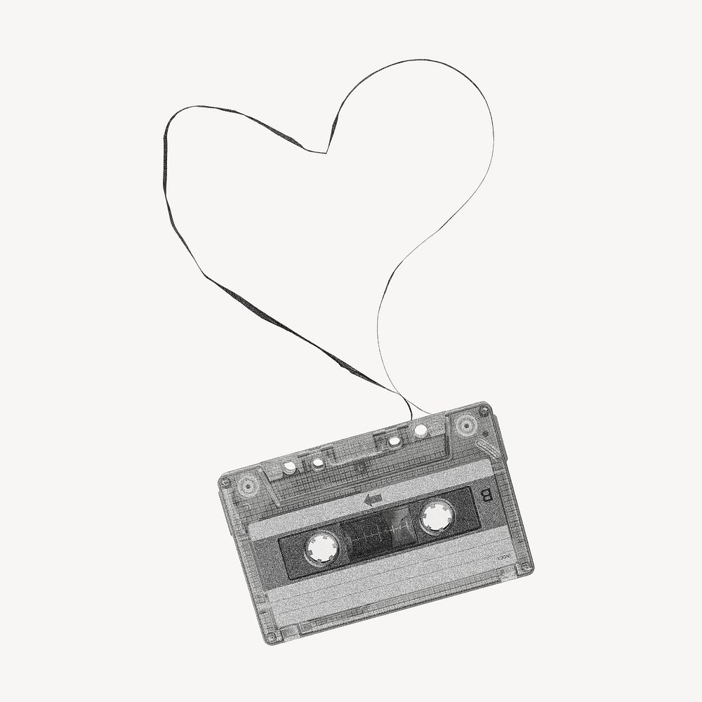 Tape cassette collage element, love design psd