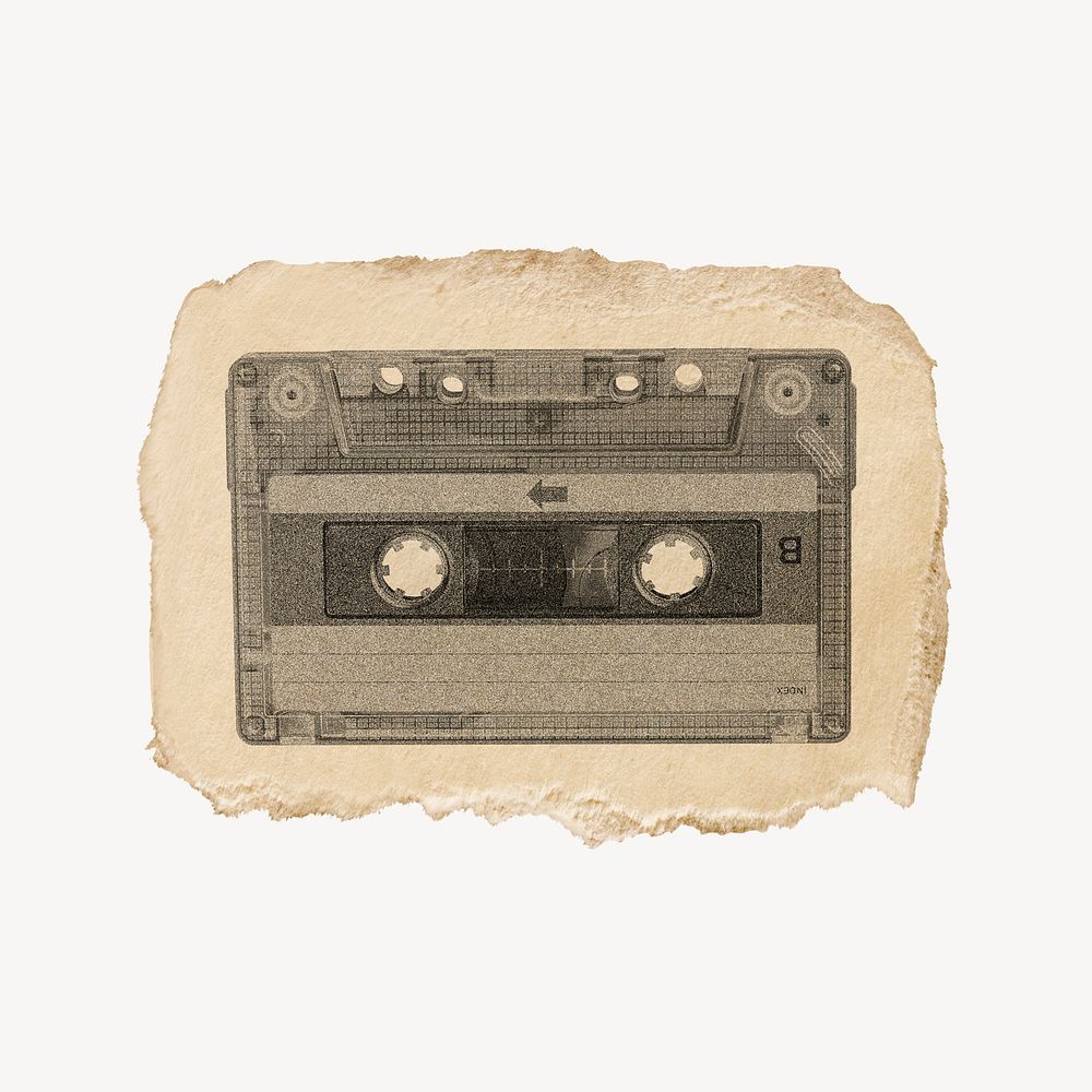 Retro tape cassette collage element, ripped paper design psd