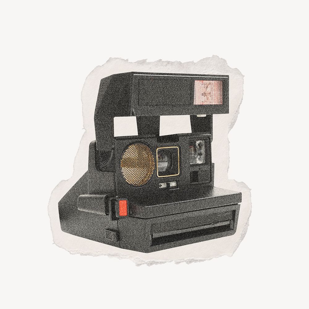Retro film camera collage element, ripped paper design psd