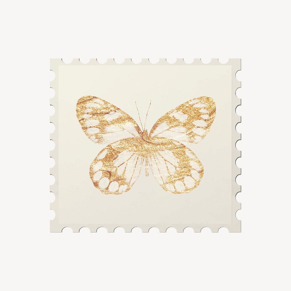 Gold glitter butterfly collage element, ephemera stamp design vector