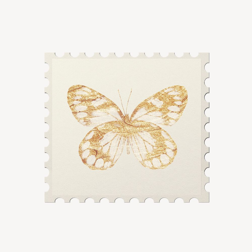 Gold glitter butterfly, ephemera stamp design psd