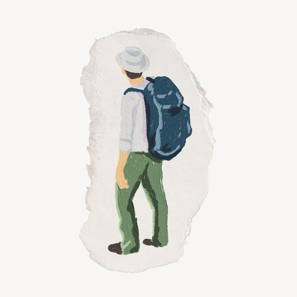 Backpacker collage element, hobby, ripped paper design psd