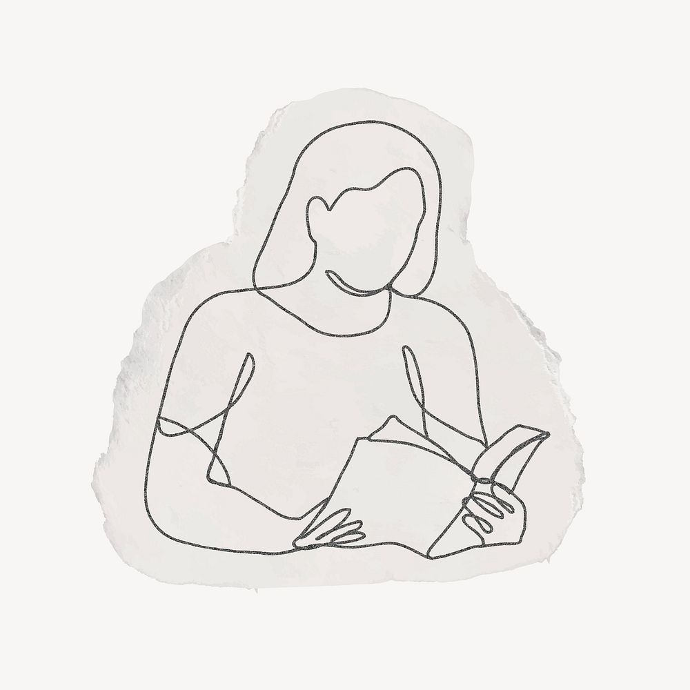 Woman reading line art collage element, ripped paper design vector