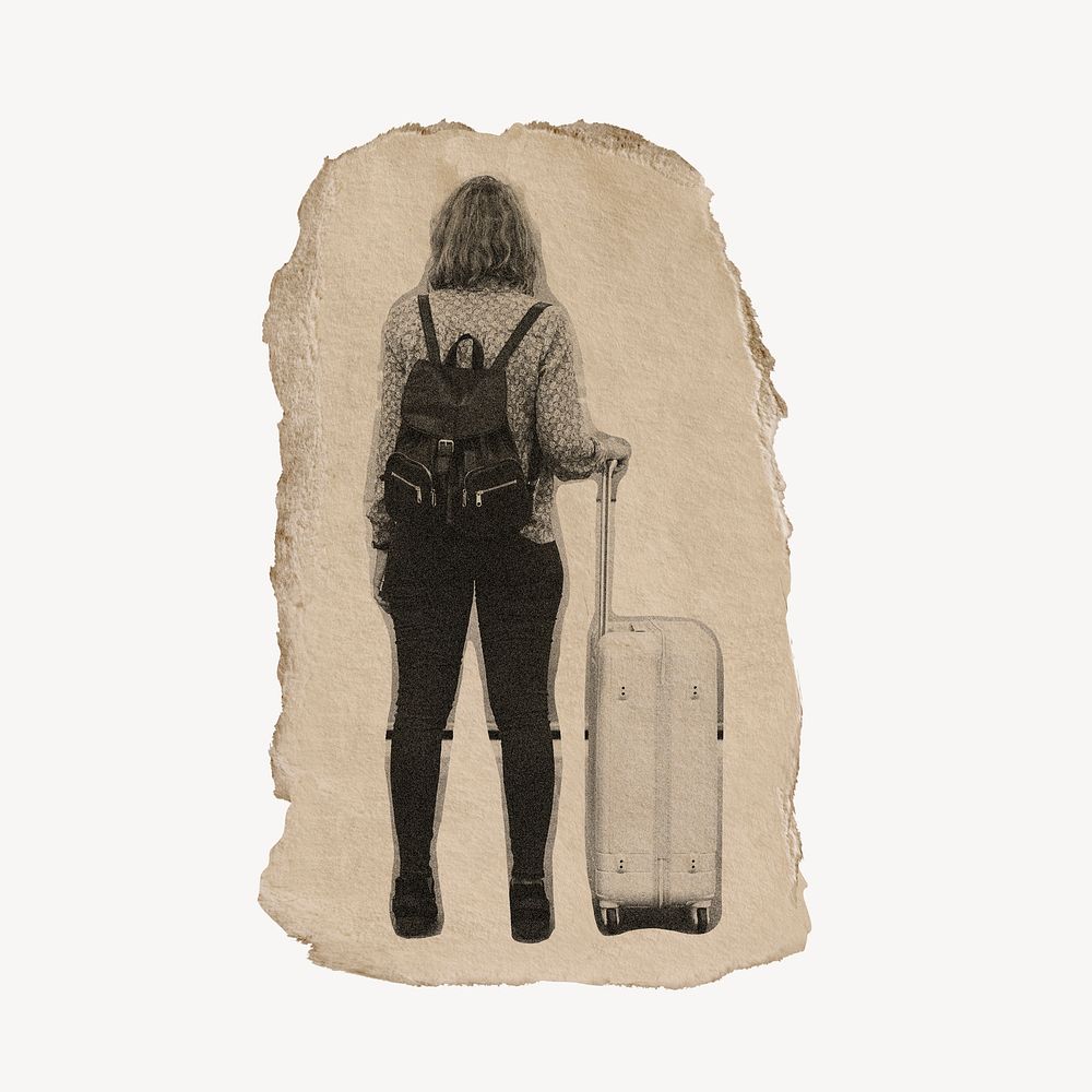 Woman tourist collage element, travel, torn paper design psd