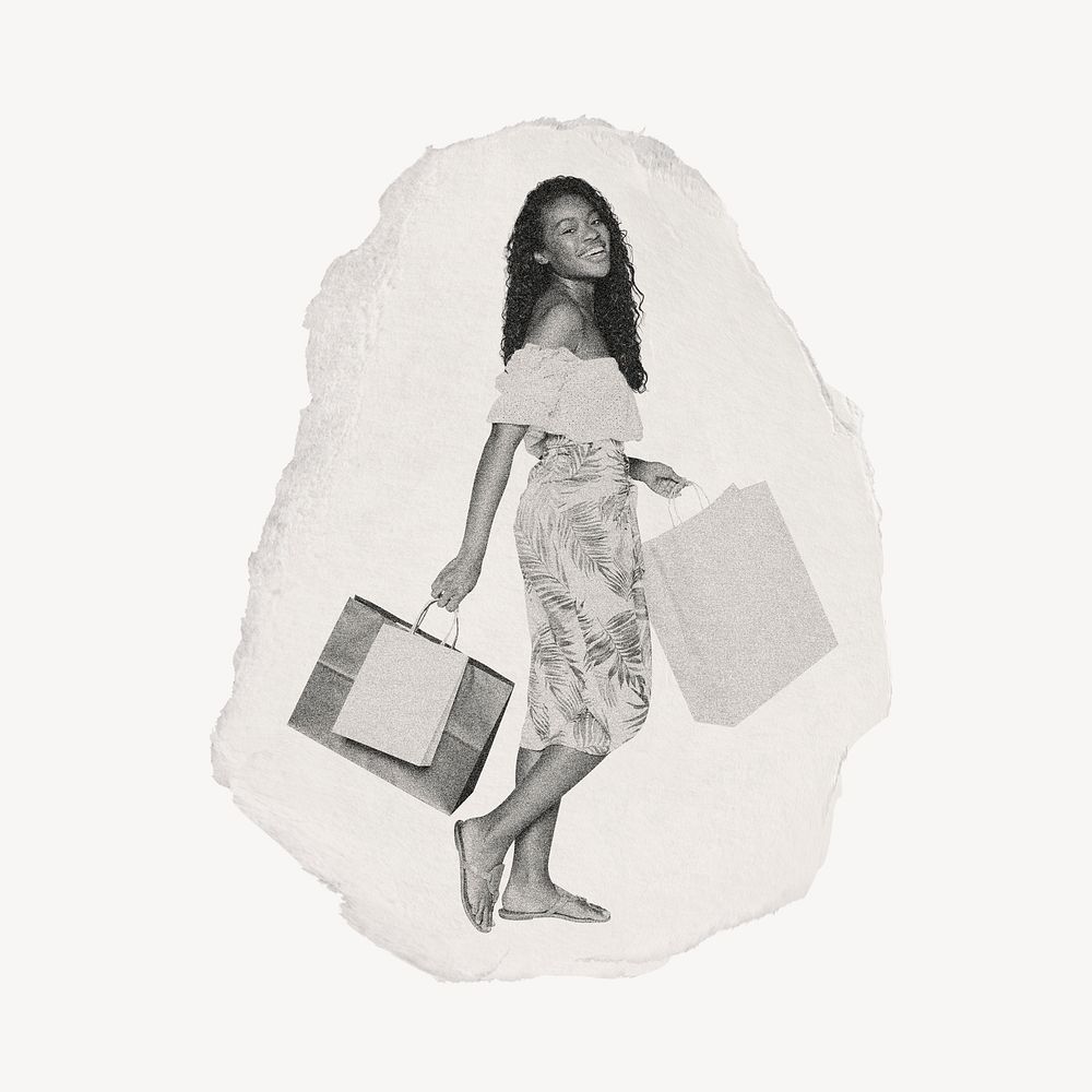 African woman, shopping, torn paper design