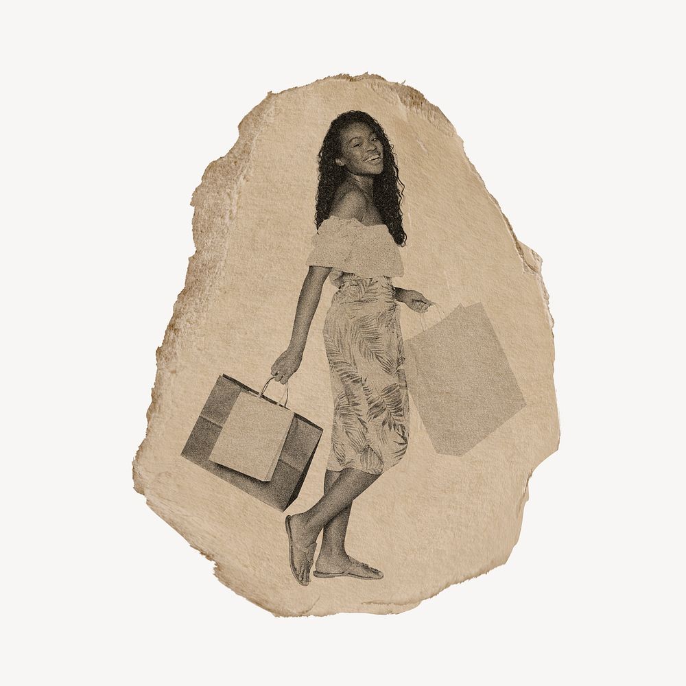 Shopping collage element, African woman, torn paper design psd