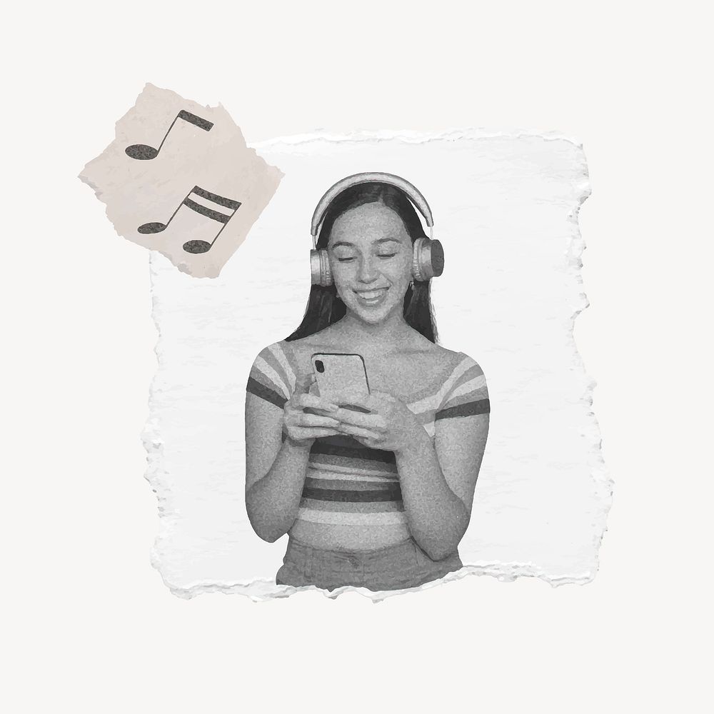 Enjoying music collage element, teenage girl ripped paper design vector