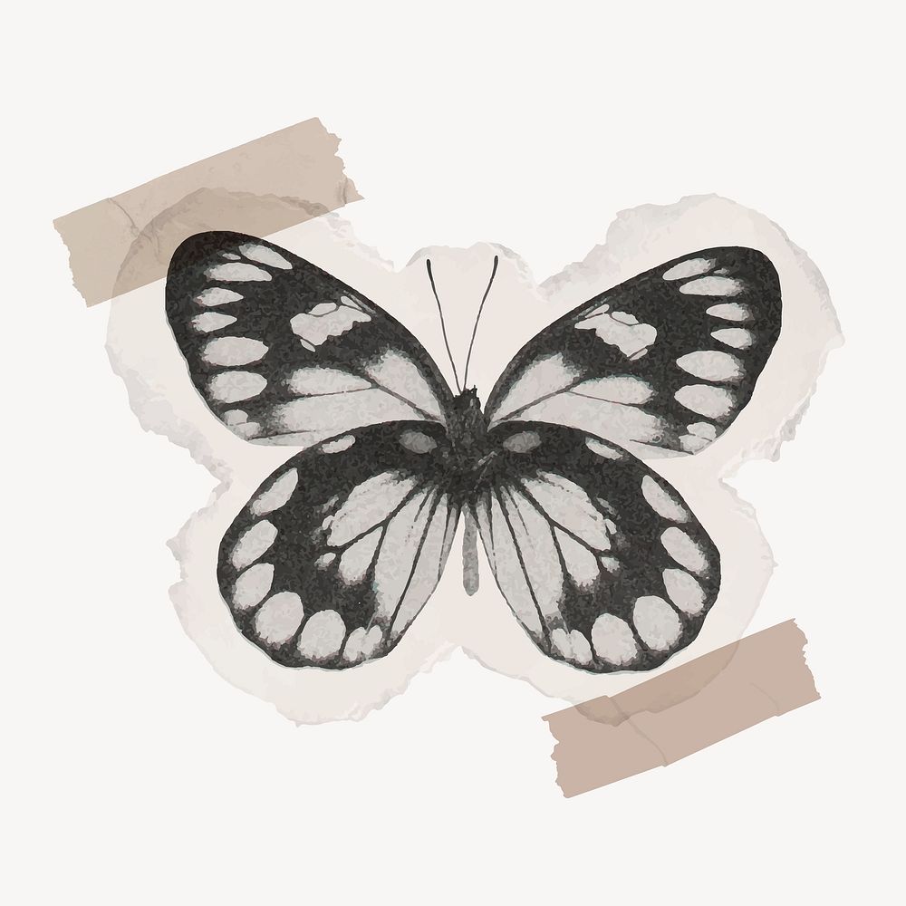 Black butterfly collage element, washi tape design vector