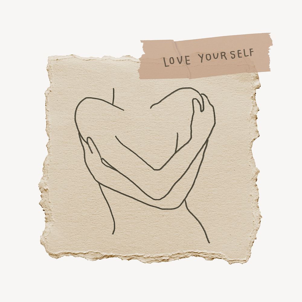 Love yourself collage element, torn paper design psd