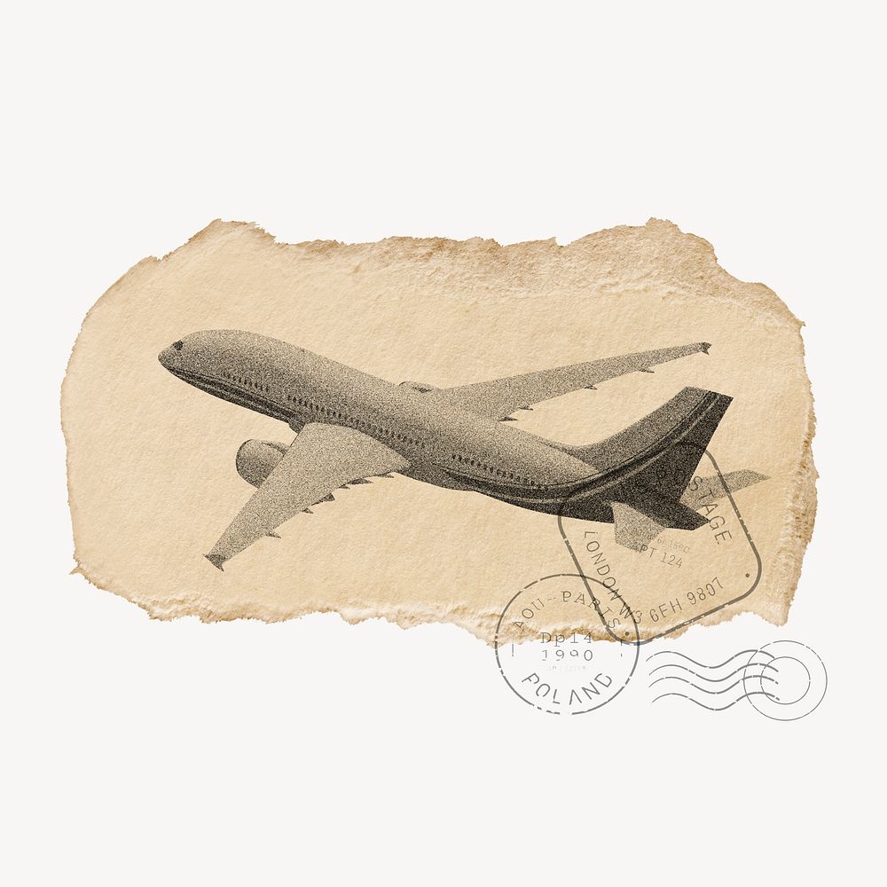Airplane collage element, ripped paper design psd