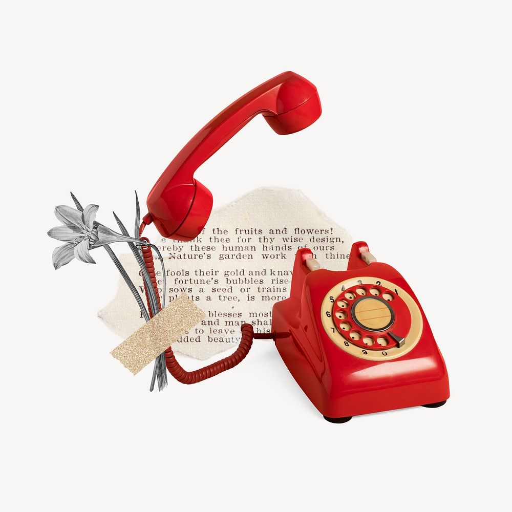 Retro red telephone collage element, ripped paper design psd