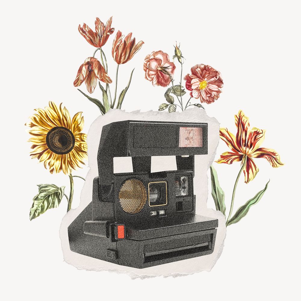 Retro film camera collage element, flower design psd