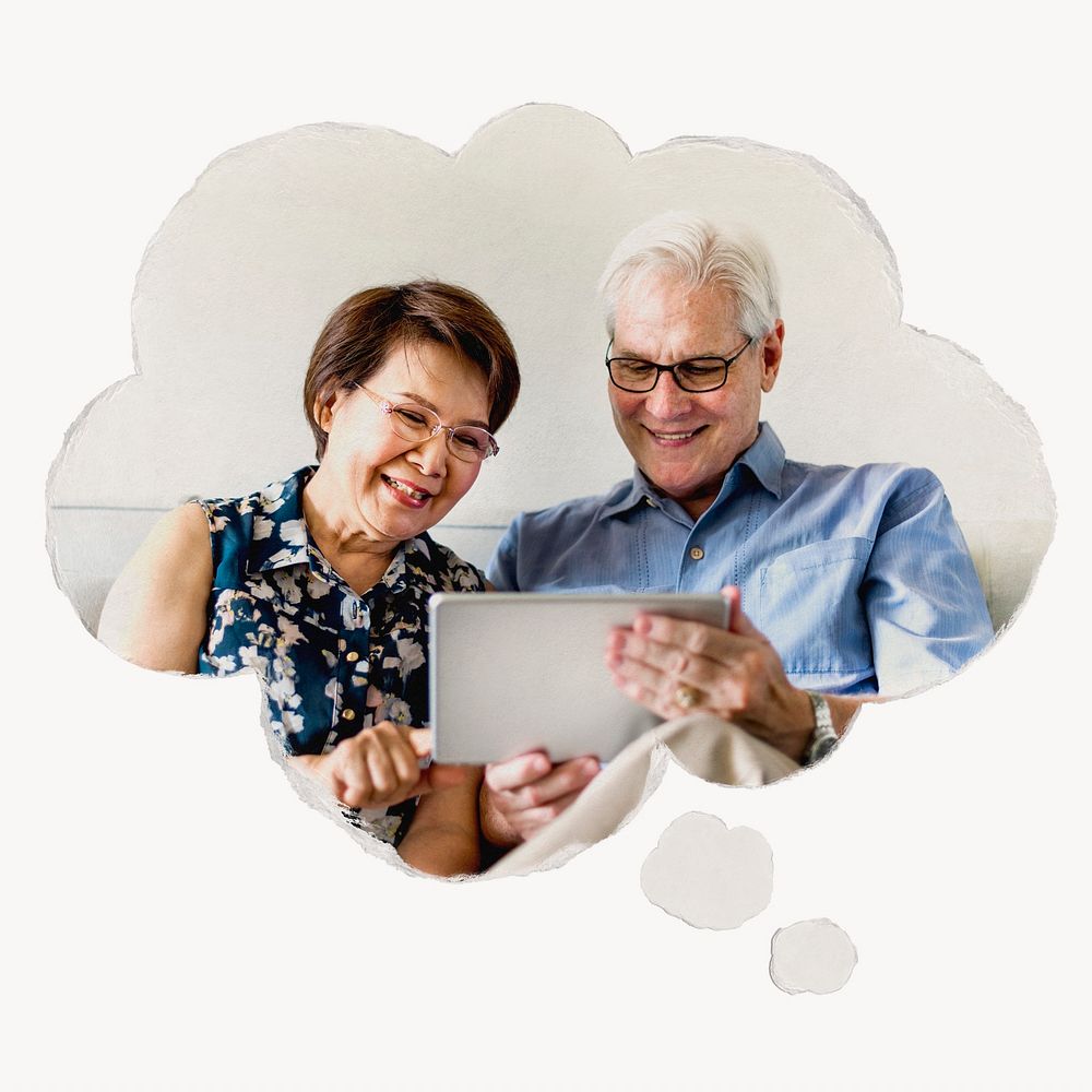 Senior couple planning retirement, speech bubble graphic