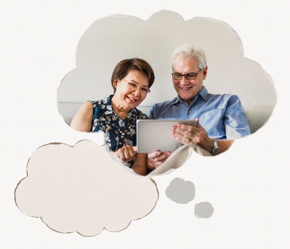 Senior couple planning retirement, speech bubble graphic