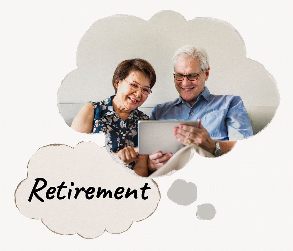Retirement speech bubble, senior couple holding tablet