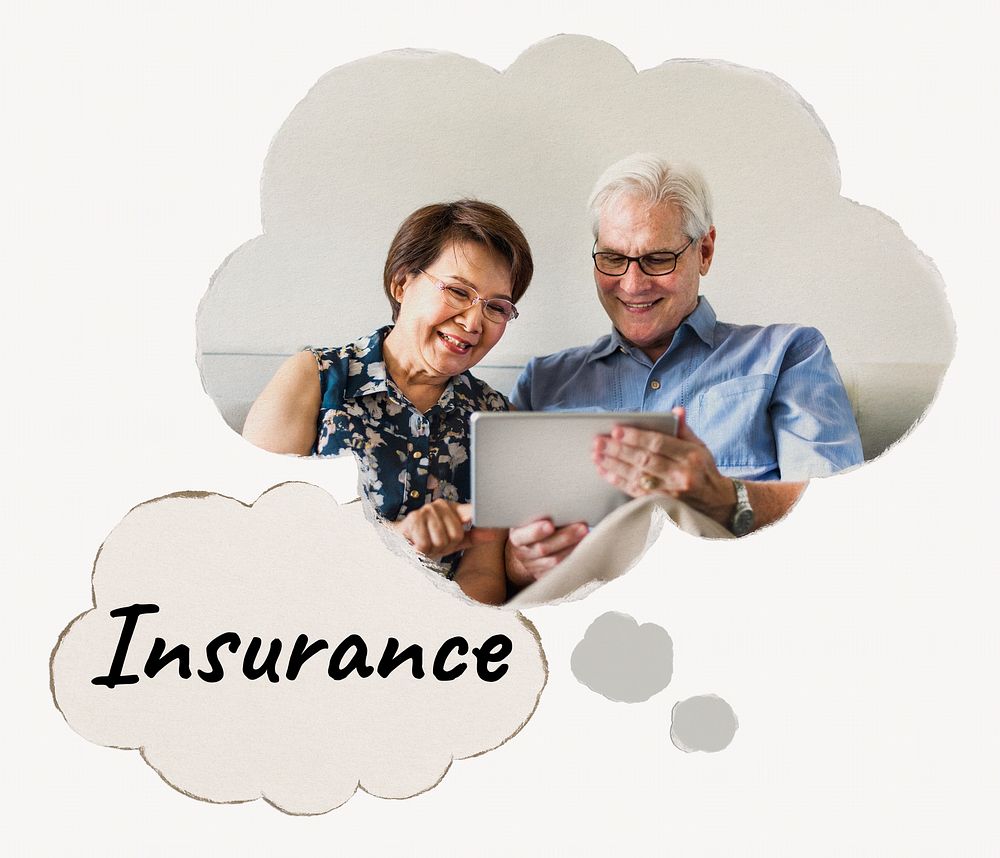 Insurance speech bubble, senior couple holding tablet