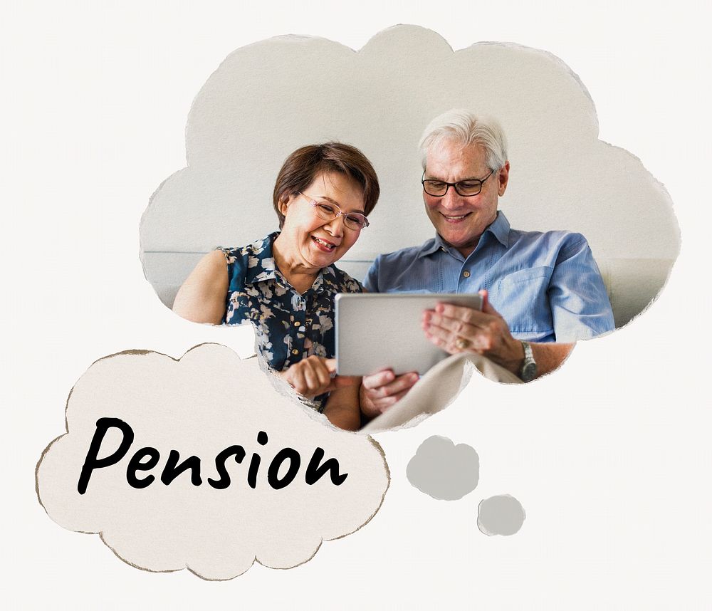 Pension speech bubble, senior couple holding tablet
