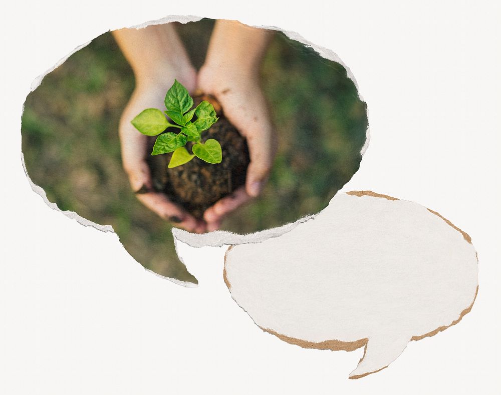 Hand cupping plant paper speech bubble, environment concept 