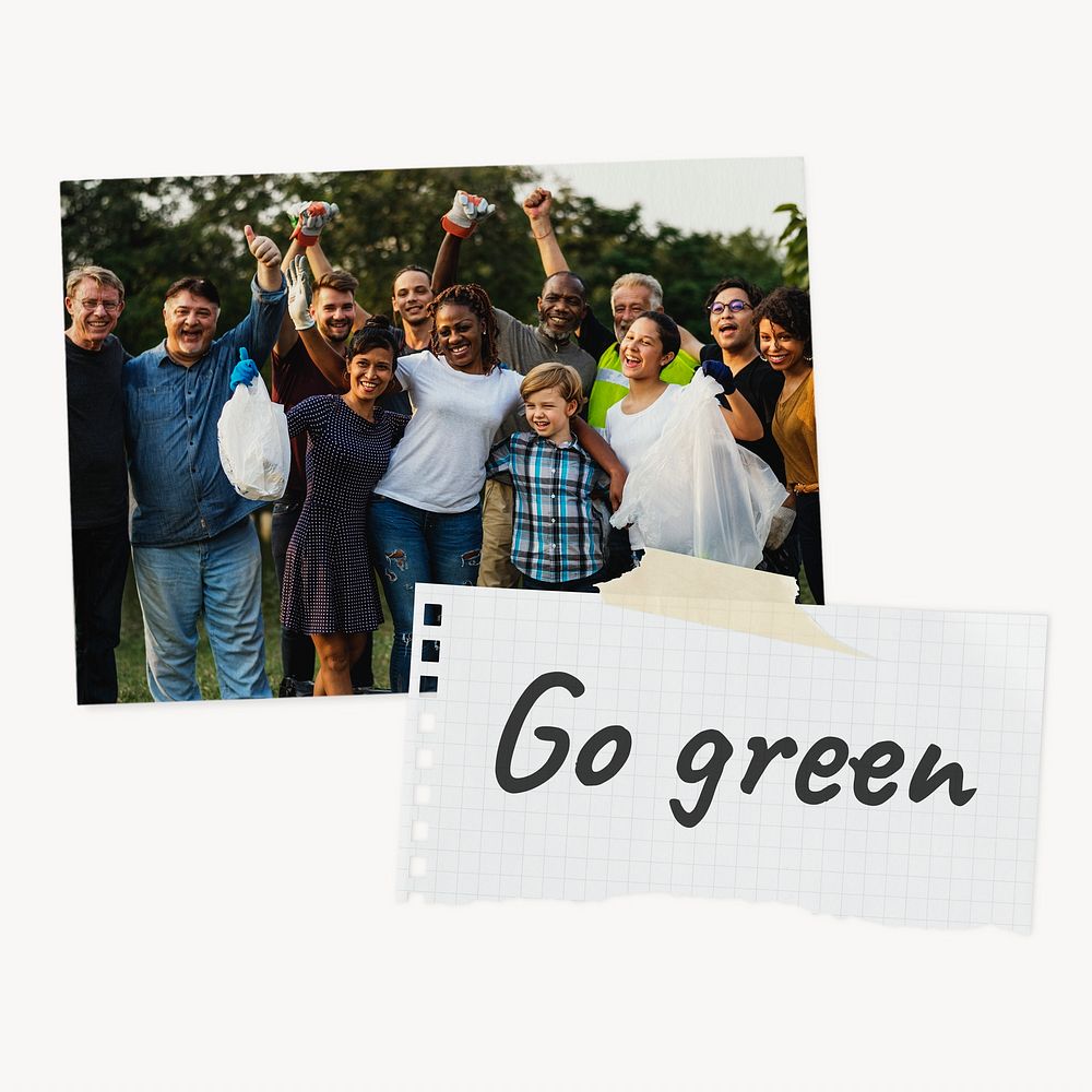 Go green paper collages, diverse volunteers photo