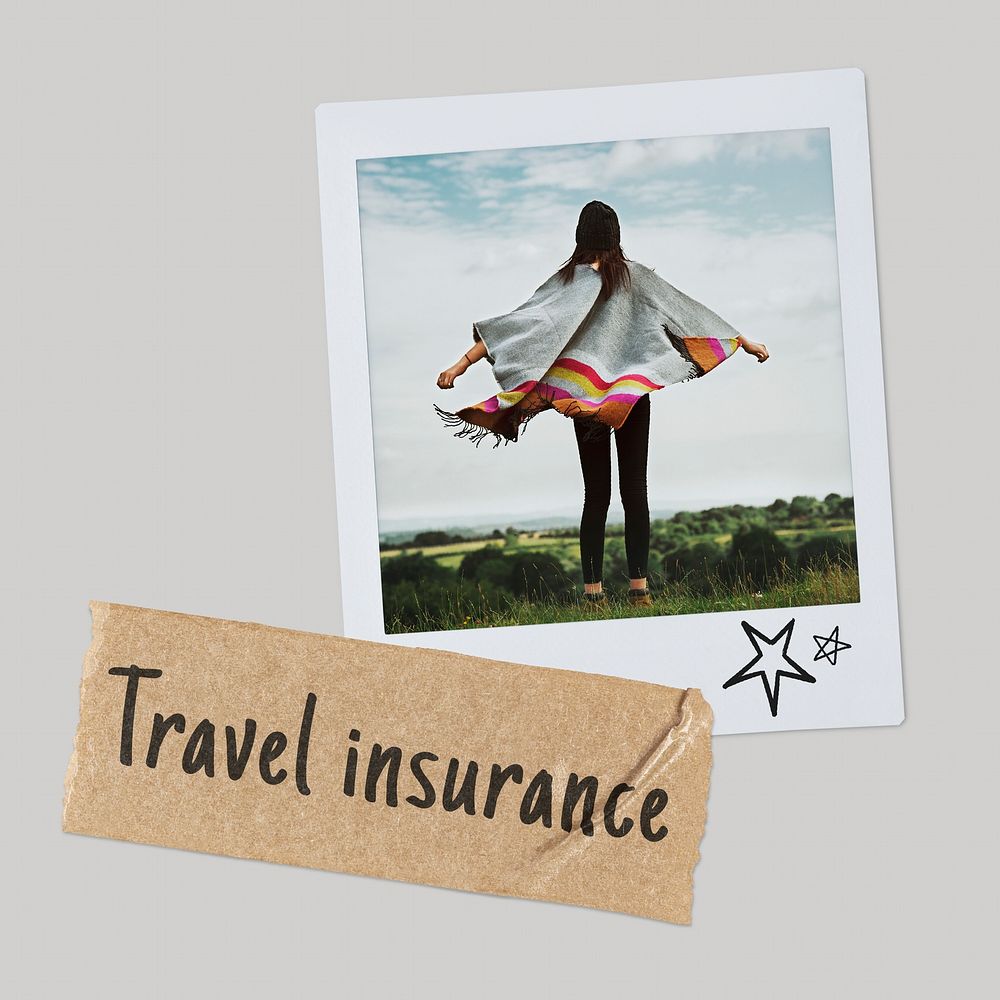 Aesthetic travel insurance instant film, carefree woman rear view image