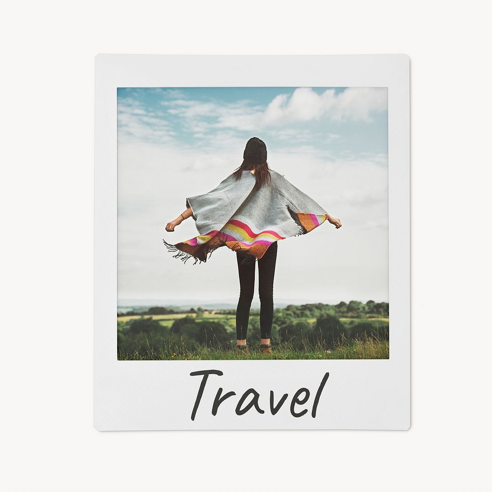Aesthetic travel instant film, carefree woman rear view image