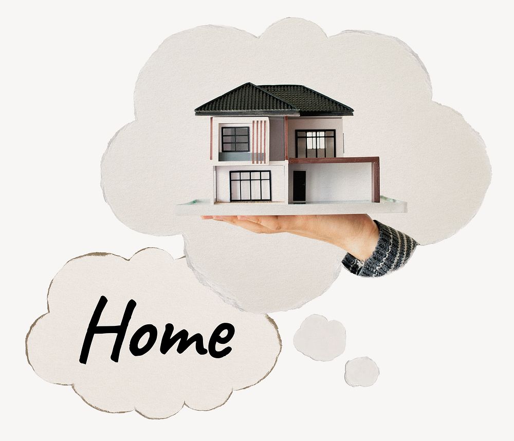 Home speech bubble, hand presenting house model image