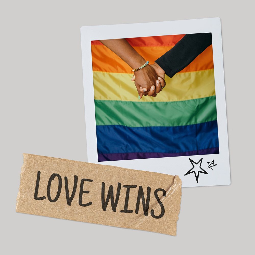 Love wins instant photo, LGBTQ couple holding hands image